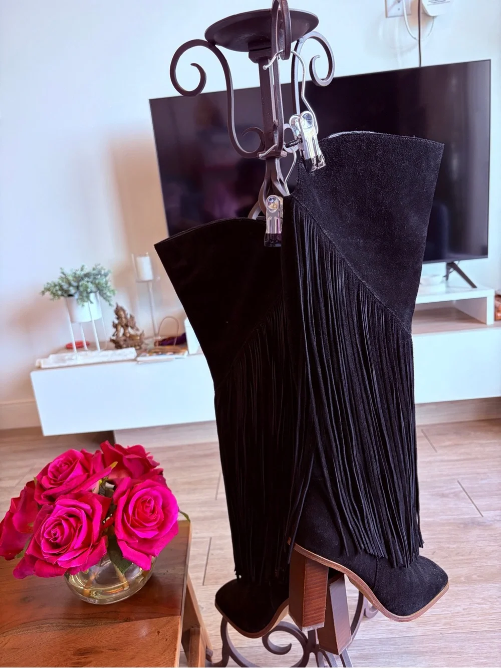 Jessica Simpson Black Suede Over-the-Knee Fringe Boots